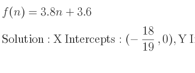 The f(n)=3.8n+3.6 is X Intercepts: (-18/19 ,0),Y Intercepts: (0,3.6)